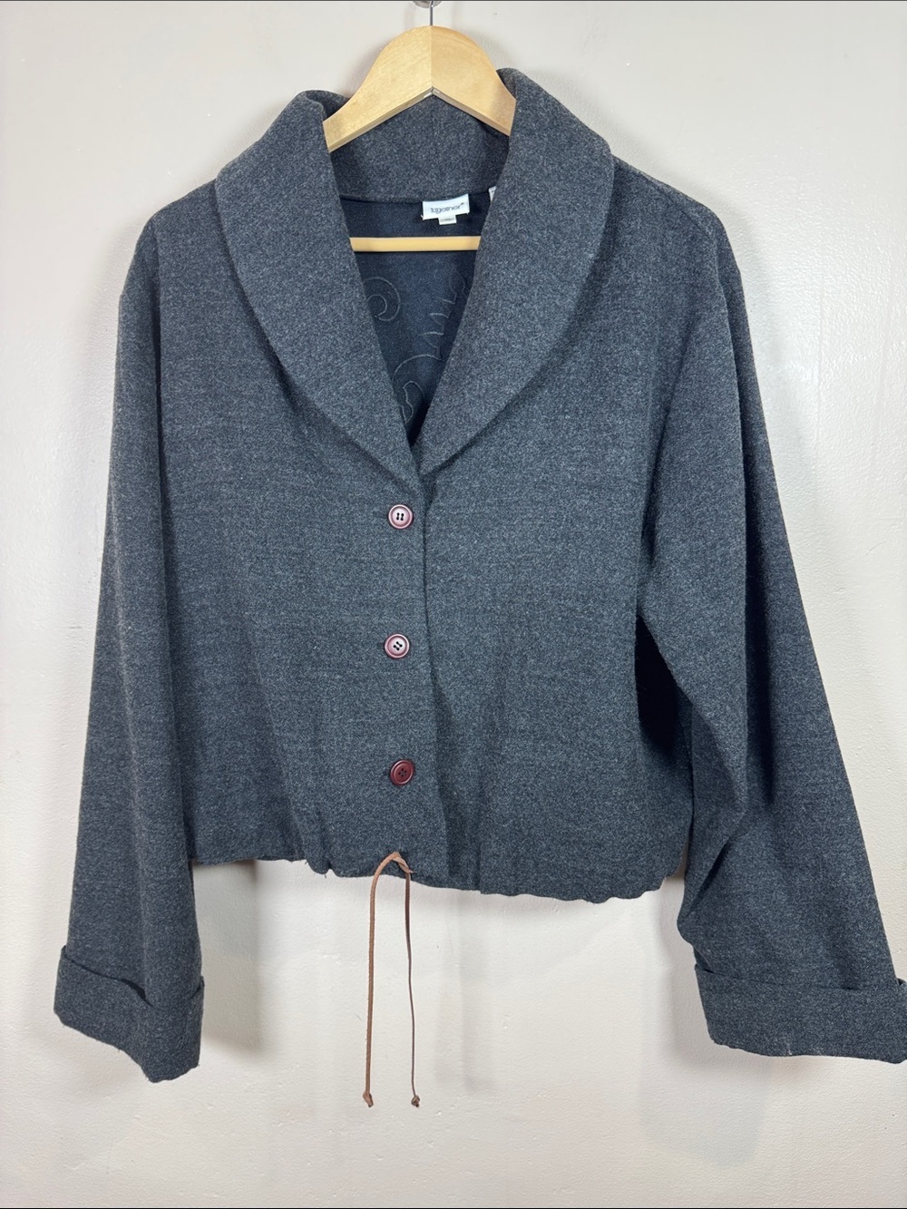 VTG together womens Shawl-Collar Wool blend Jacket aplique artsy boho xL button